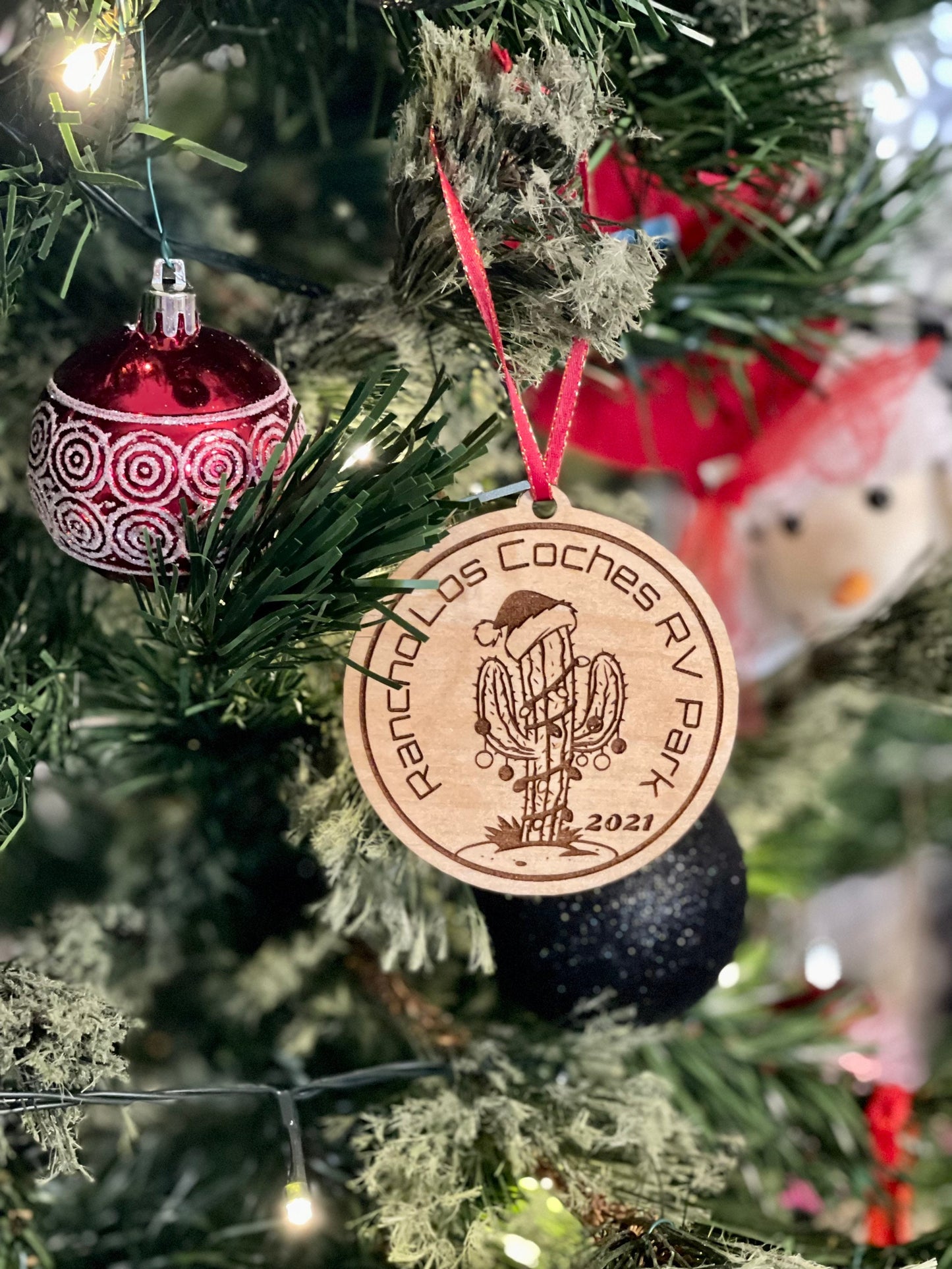 Personalized Cactus Christmas Tree Ornament with Santa Hat | Custom Name/Text | Wood Engraved Rustic Holiday Decor