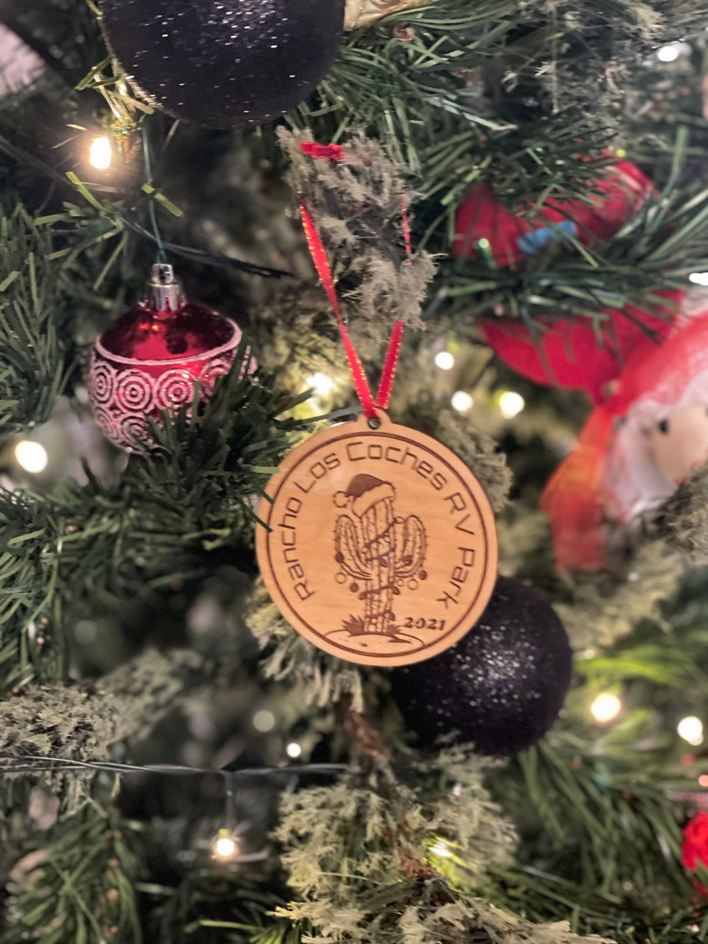 Personalized Cactus Christmas Tree Ornament with Santa Hat | Custom Name/Text | Wood Engraved Rustic Holiday Decor