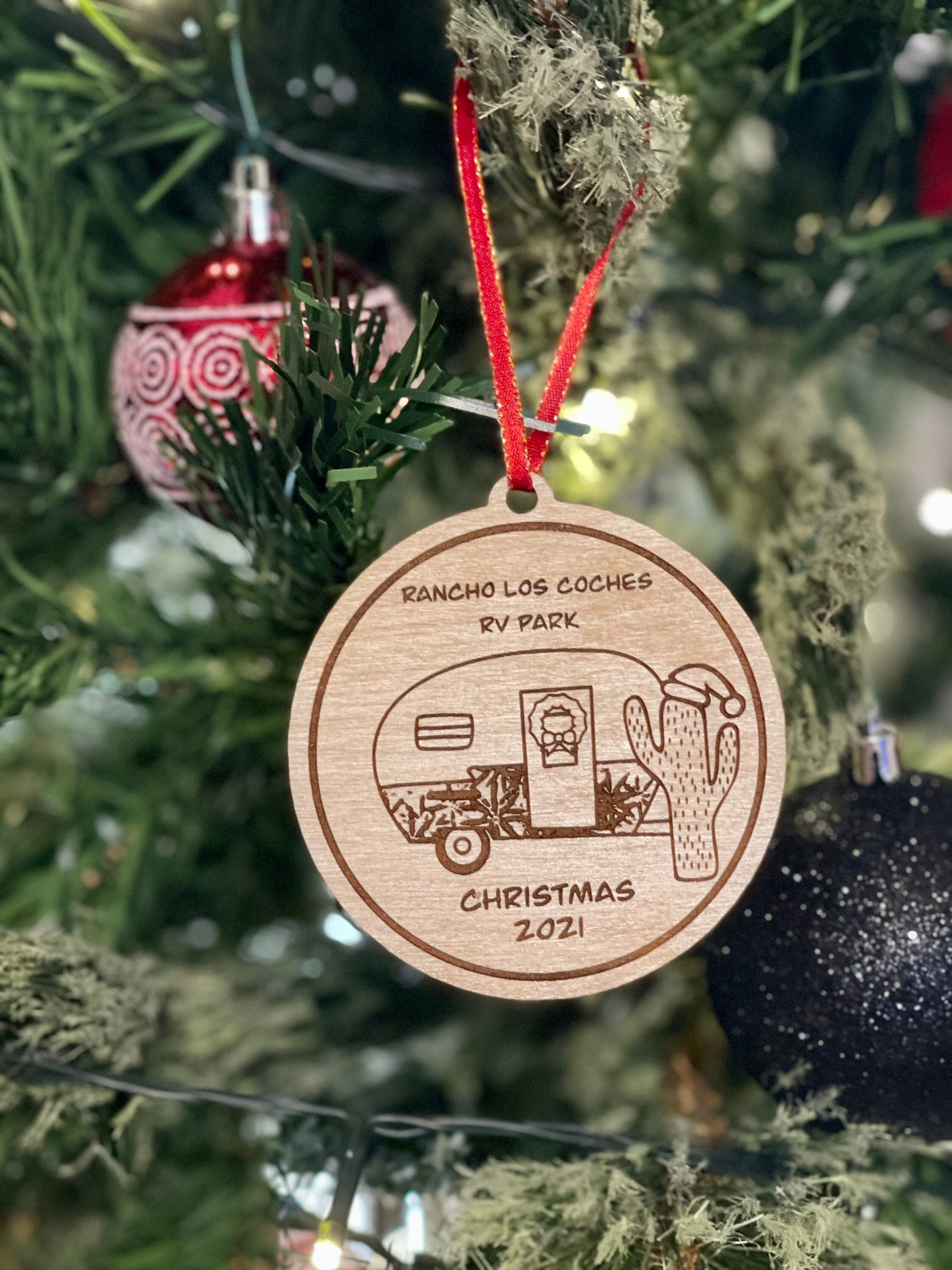 Vintage RV Camper with Cactus Christmas Tree Custom Name Ornament | Personalized Rustic Wood Engraved Holiday Decoration | Desert Christmas Gift