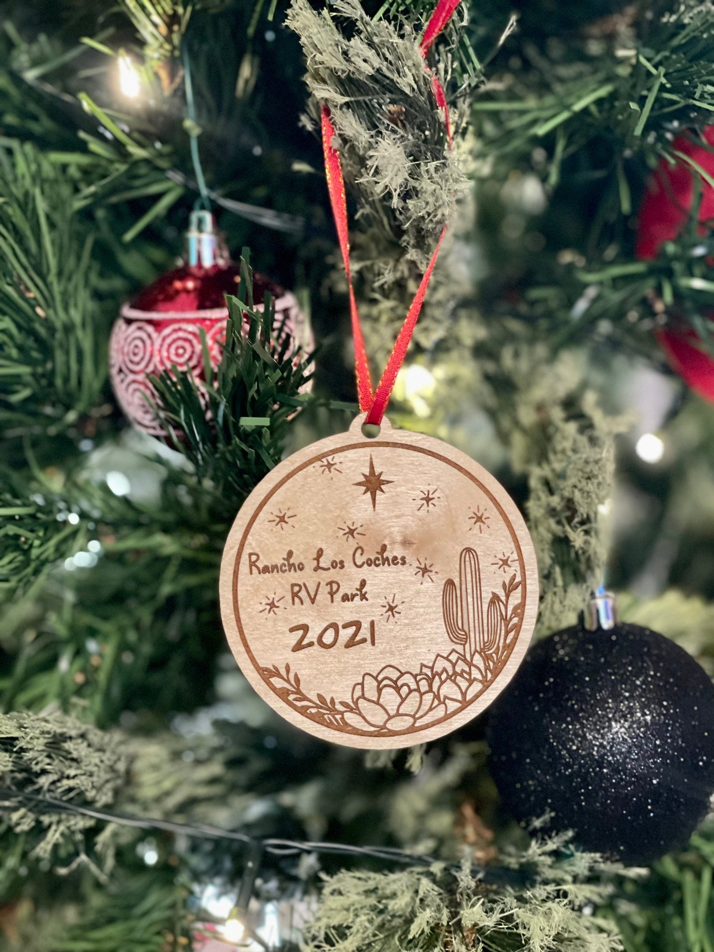 Custom Personalized Cactus & Lotus Flower Christmas Ornament | Engraved Wood | Rustic Decor flowers.