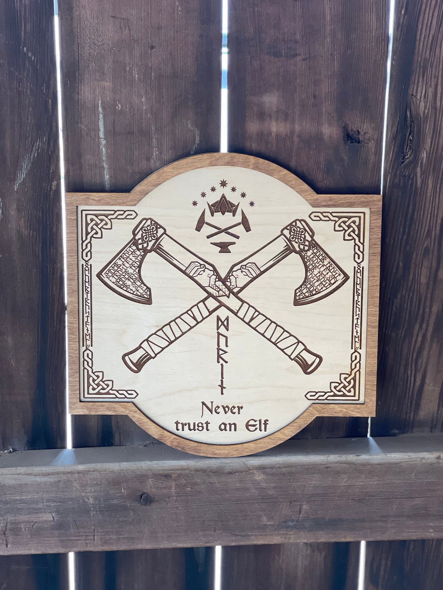 Never Trust an Elf Dwarven Runes Sign – Fantasy Decor | Battle Axe | Custom Sizes & Hanging Options