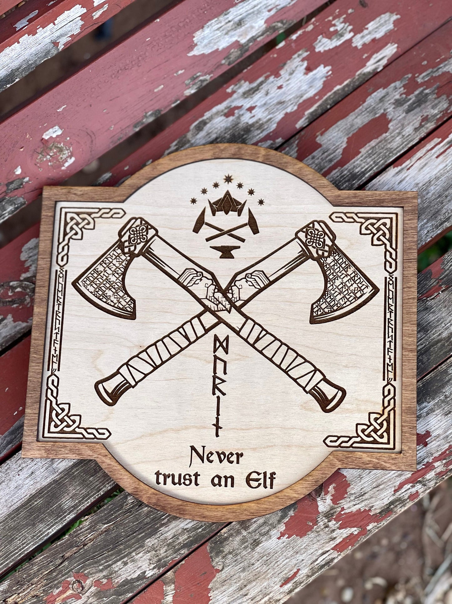 Never Trust an Elf Dwarven Runes Sign – Fantasy Decor | Battle Axe | Custom Sizes & Hanging Options