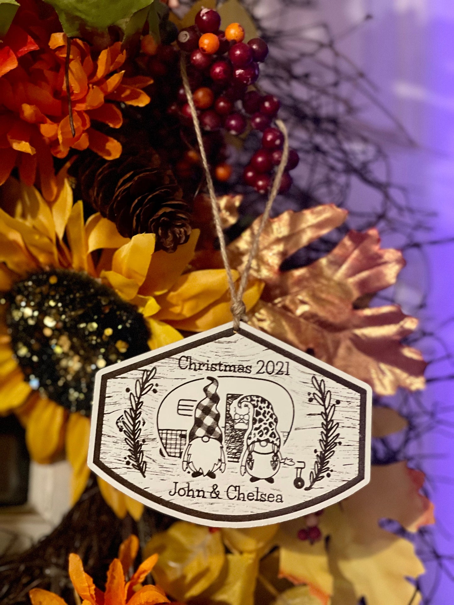 Gnome Couple with Vintage Camper Personalized Christmas Ornament | Custom Wood Engraved | Plaid & Leopard Hats | Rustic Holiday Decoration