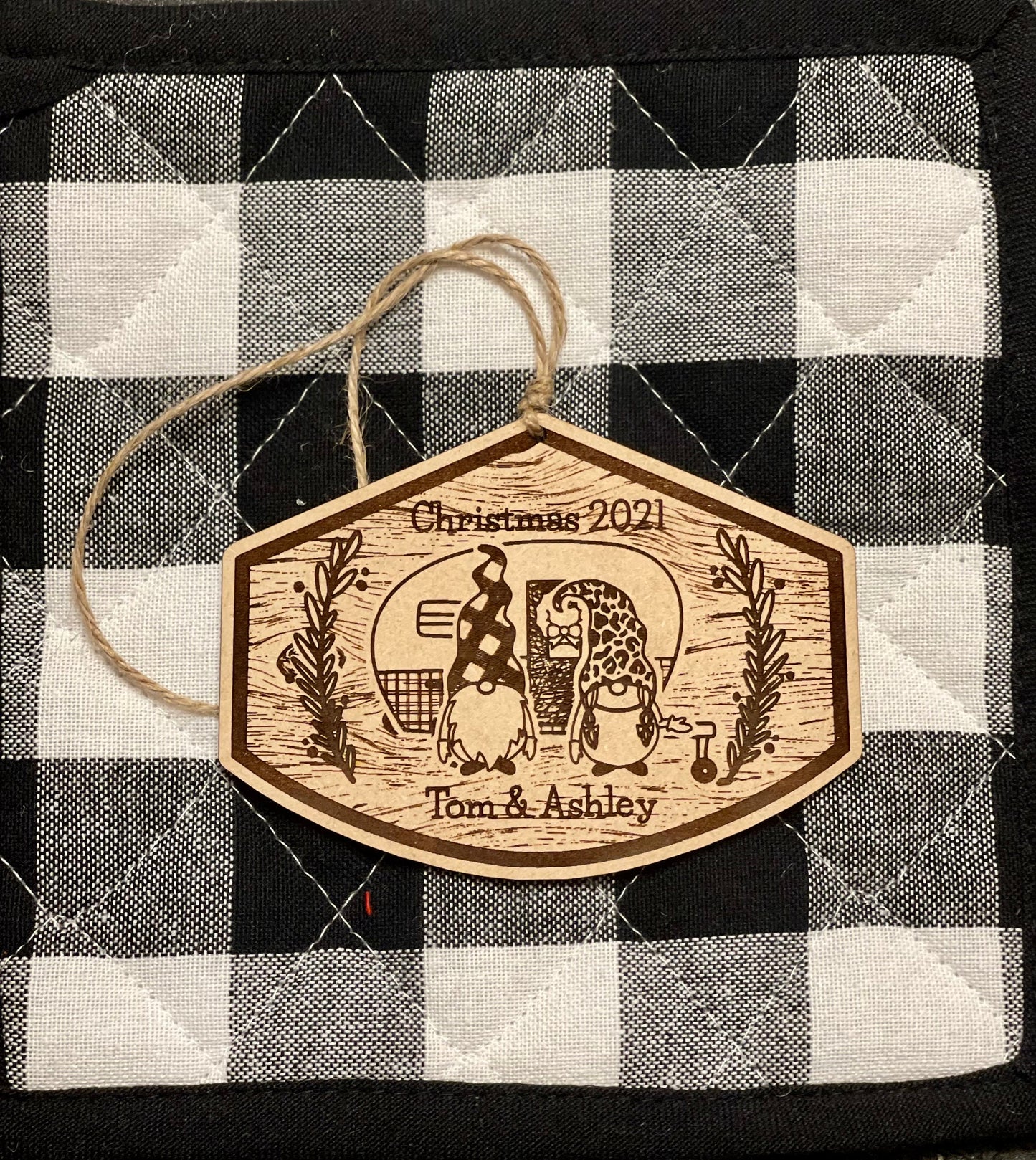 Gnome Couple with Vintage Camper Personalized Christmas Ornament | Custom Wood Engraved | Plaid & Leopard Hats | Rustic Holiday Decoration