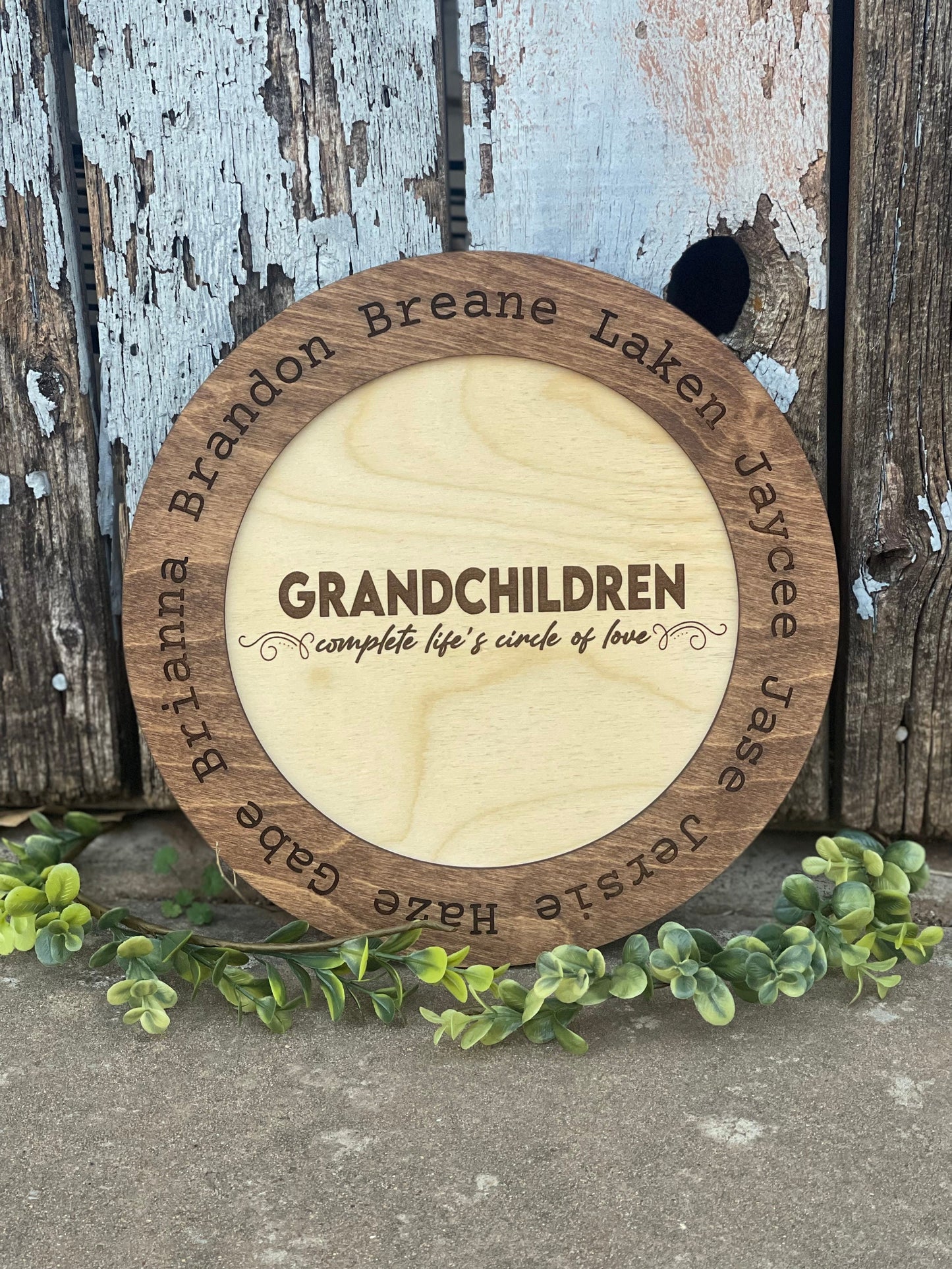 Personalized Grandparents Sign | Wood Engraved with Grandkids’ Names | “Grandchildren Complete Life's Circle of Love”