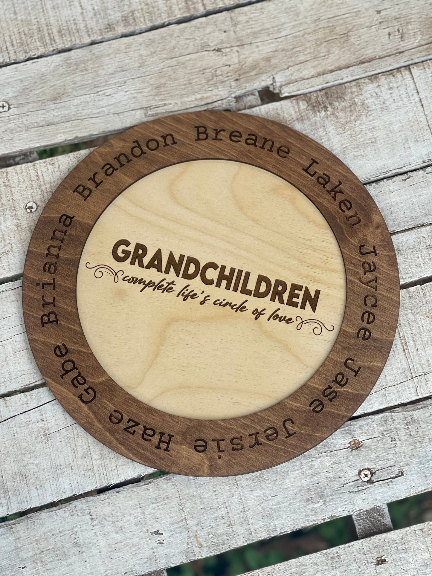 Personalized Grandparents Sign | Wood Engraved with Grandkids’ Names | “Grandchildren Complete Life's Circle of Love”