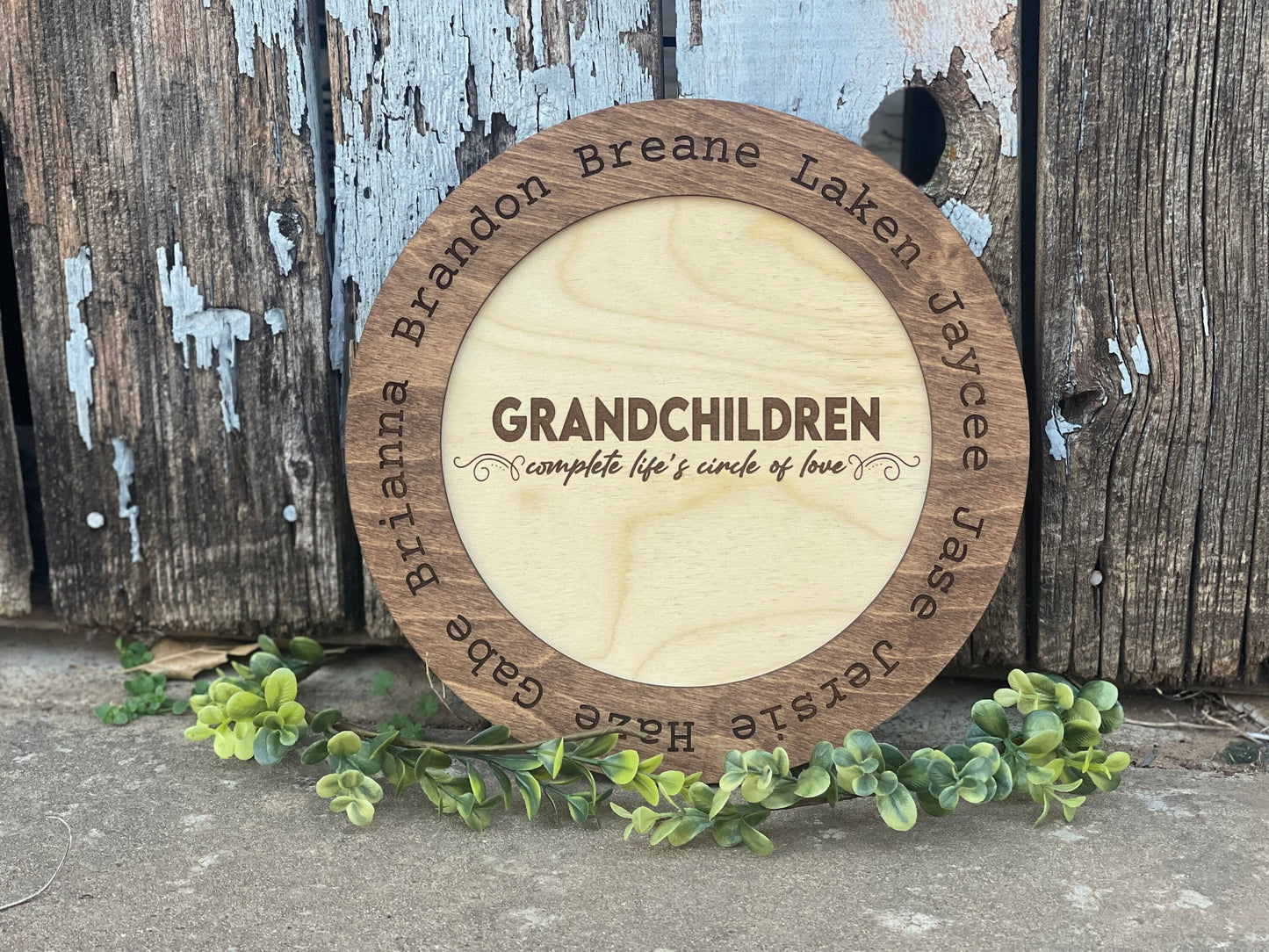 Personalized Grandparents Sign | Wood Engraved with Grandkids’ Names | “Grandchildren Complete Life's Circle of Love”