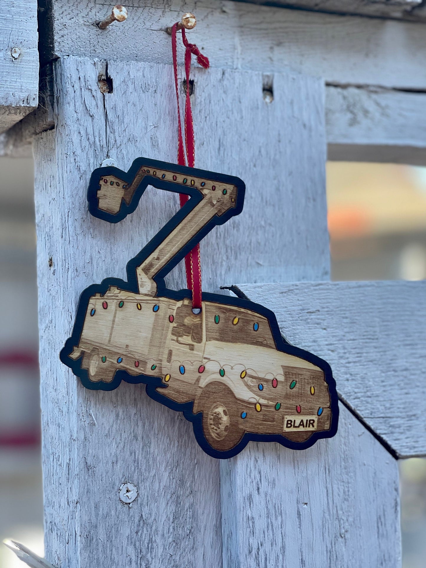 LINEMAN Personalized Name Christmas Ornament | Bucket Truck Engraved Wood | Electrician Gift