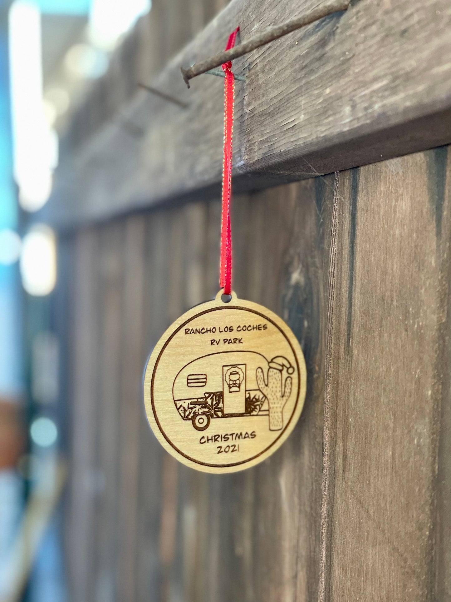 Vintage RV Camper with Cactus Christmas Tree Custom Name Ornament | Personalized Rustic Wood Engraved Holiday Decoration | Desert Christmas Gift