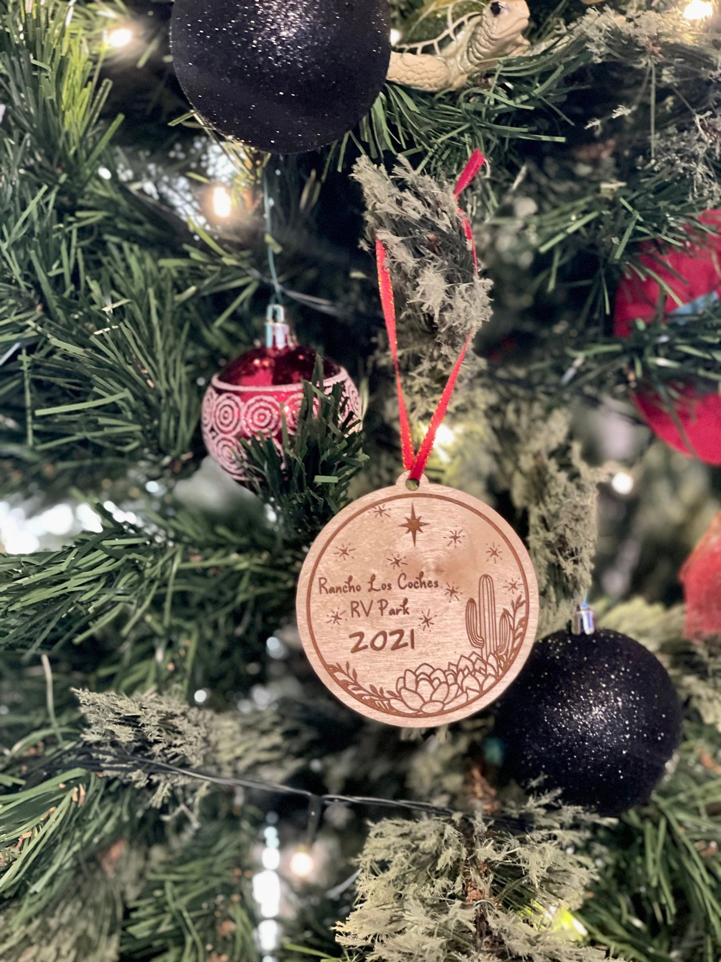 Custom Personalized Cactus & Lotus Flower Christmas Ornament | Engraved Wood | Rustic Decor flowers.