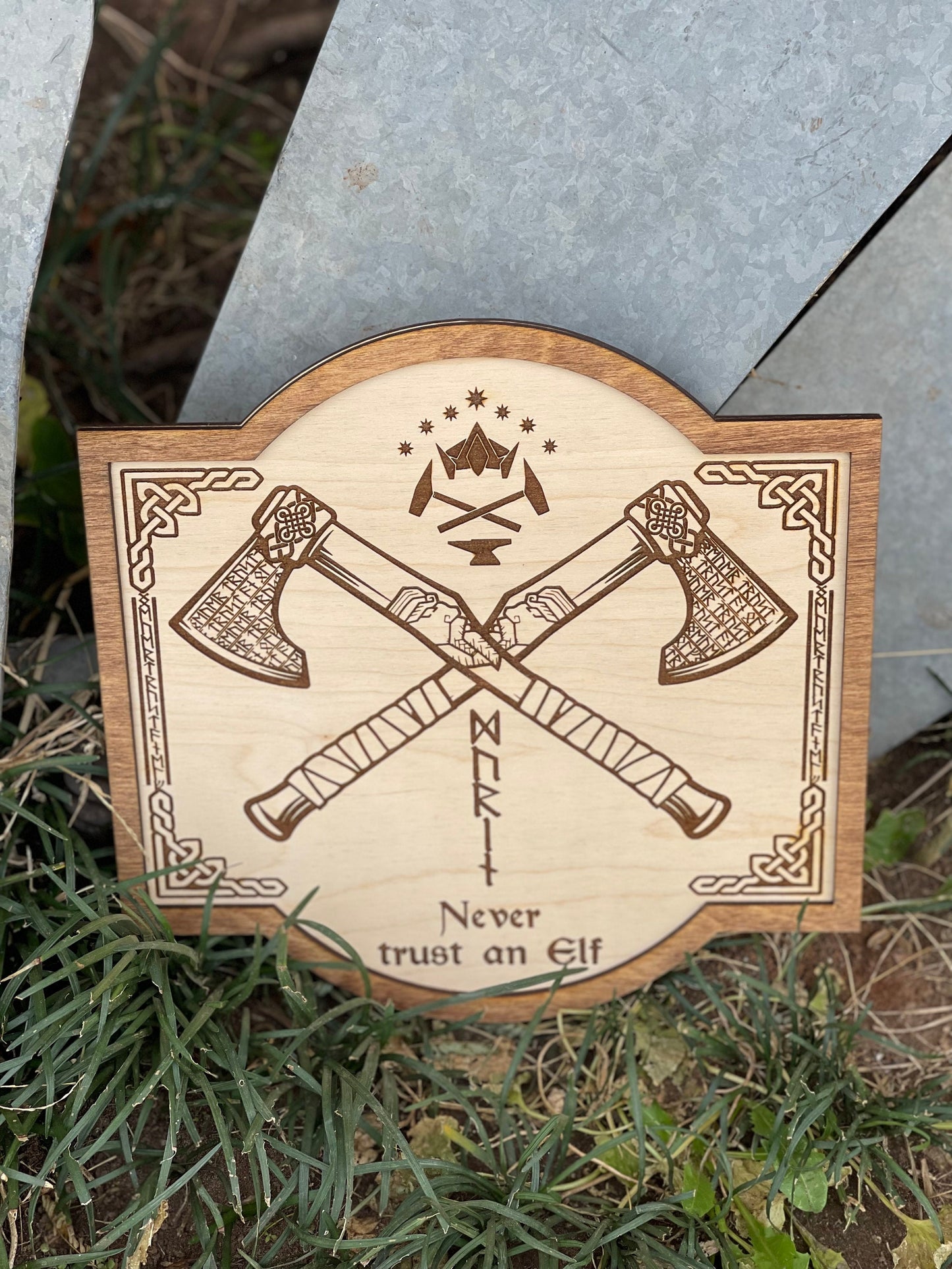 Never Trust an Elf Dwarven Runes Sign – Fantasy Decor | Battle Axe | Custom Sizes & Hanging Options