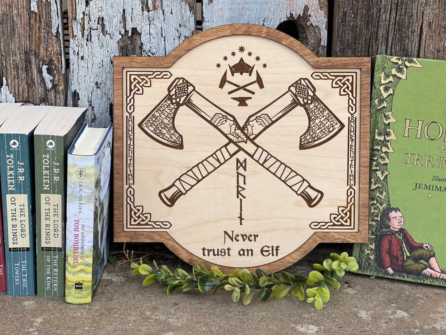 Never Trust an Elf Dwarven Runes Sign – Fantasy Decor | Battle Axe | Custom Sizes & Hanging Options