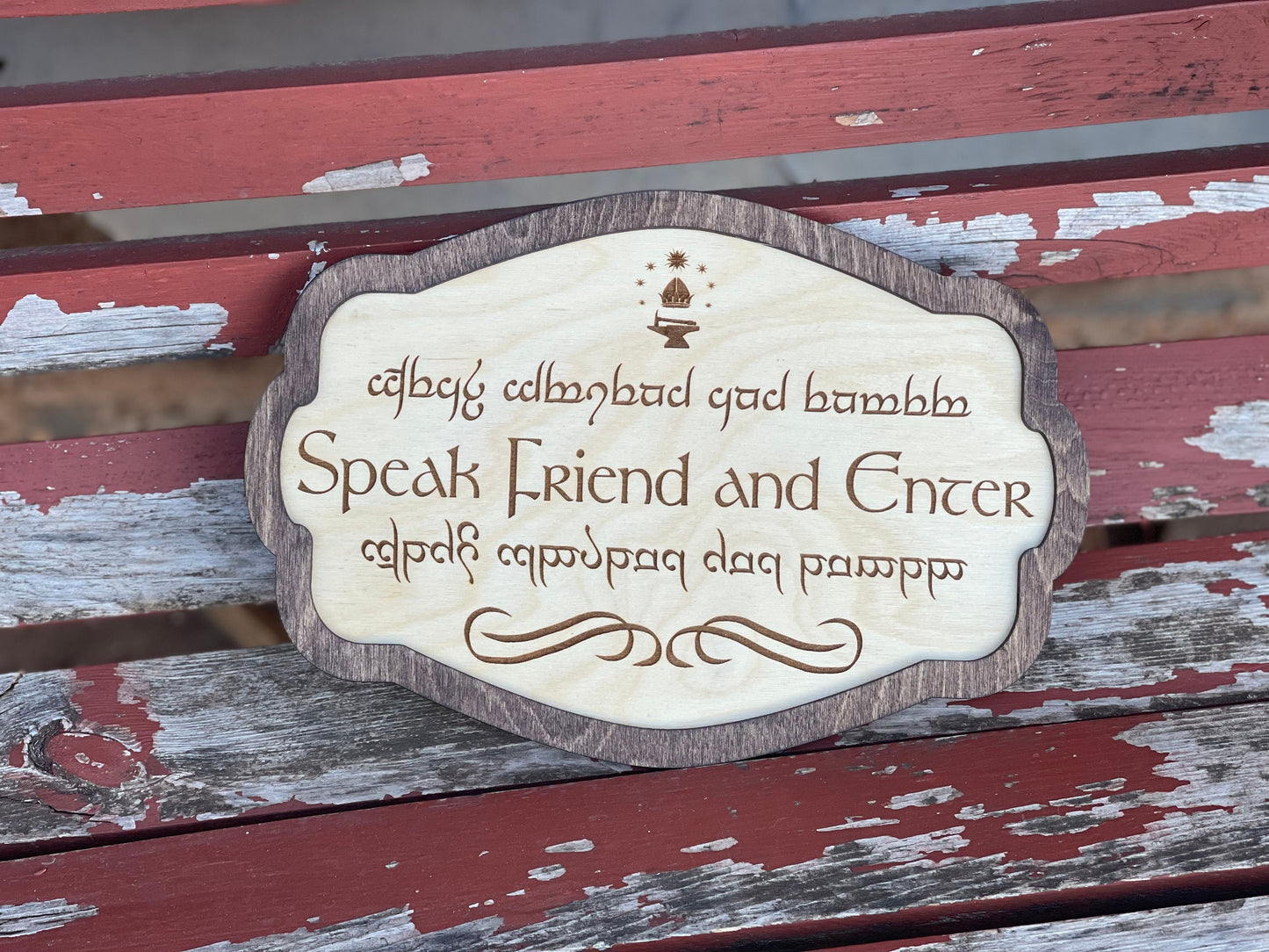 Speak Friend and Enter Elvish Wood Engraved Sign | Fantasy Ring Shire Wizard Gift Decor