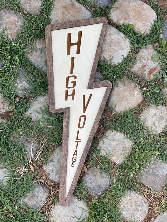 High Voltage Lineman Lightning Bolt Wood Engraved Sign | Man Cave Decor | Electrician Gift