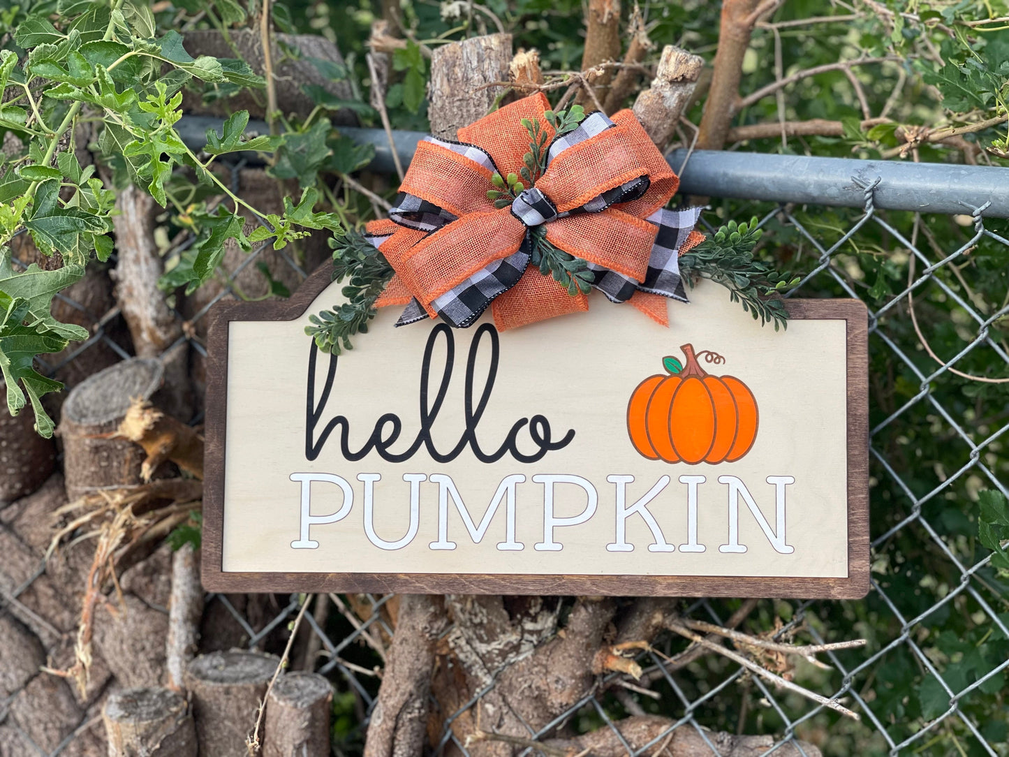 "Hello Pumpkin" Boho Fall Door Hanger with Buffalo Plaid, Greenery, and Burlap Ribbon | Hand-Painted, Laser Engraved Autumn Wreath Sign