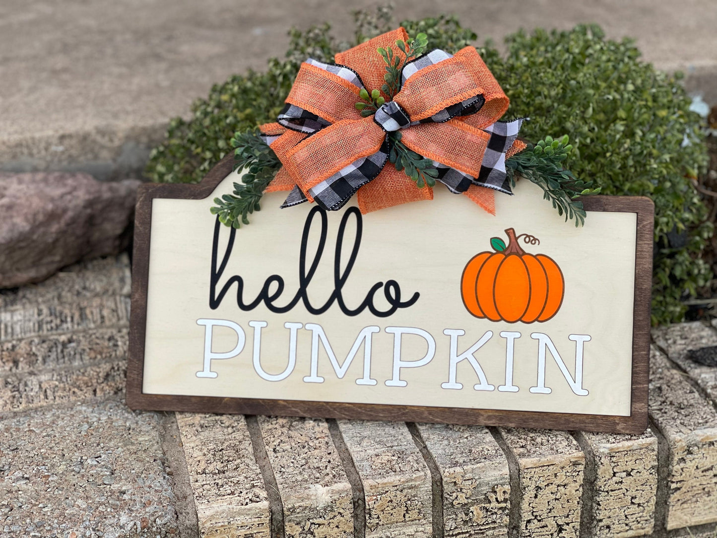 "Hello Pumpkin" Boho Fall Door Hanger with Buffalo Plaid, Greenery, and Burlap Ribbon | Hand-Painted, Laser Engraved Autumn Wreath Sign