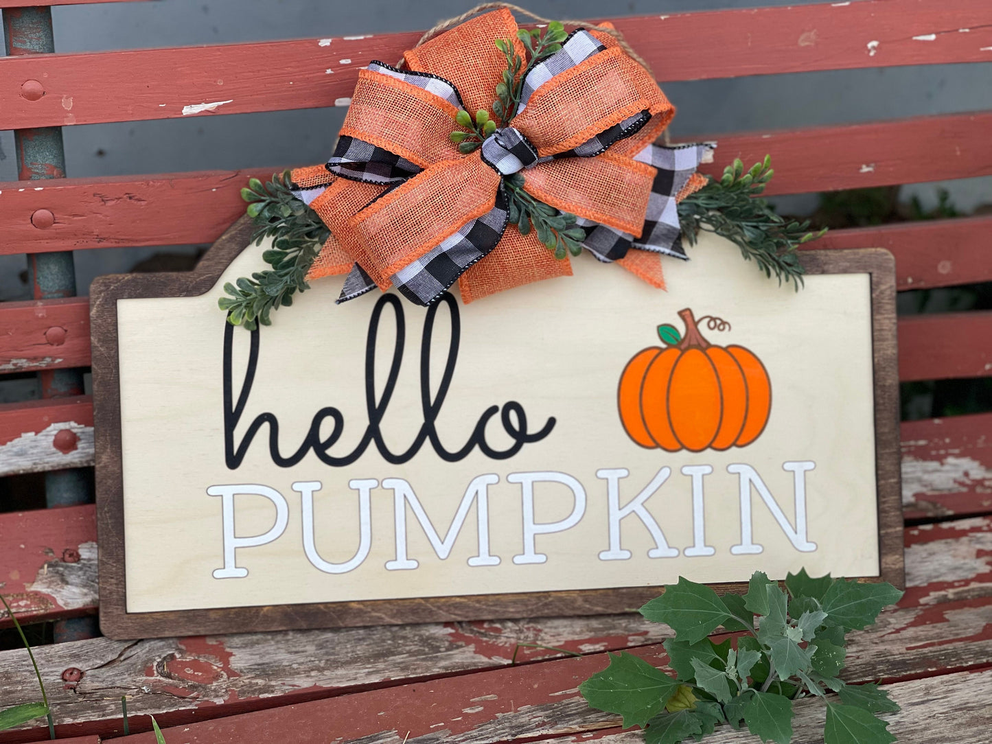 "Hello Pumpkin" Boho Fall Door Hanger with Buffalo Plaid, Greenery, and Burlap Ribbon | Hand-Painted, Laser Engraved Autumn Wreath Sign