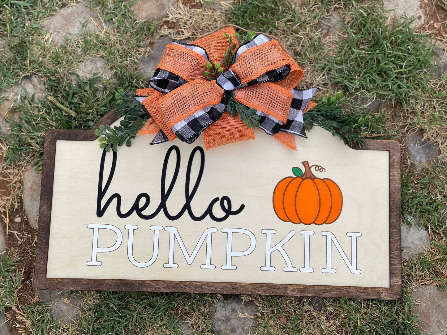 "Hello Pumpkin" Boho Fall Door Hanger with Buffalo Plaid, Greenery, and Burlap Ribbon | Hand-Painted, Laser Engraved Autumn Wreath Sign