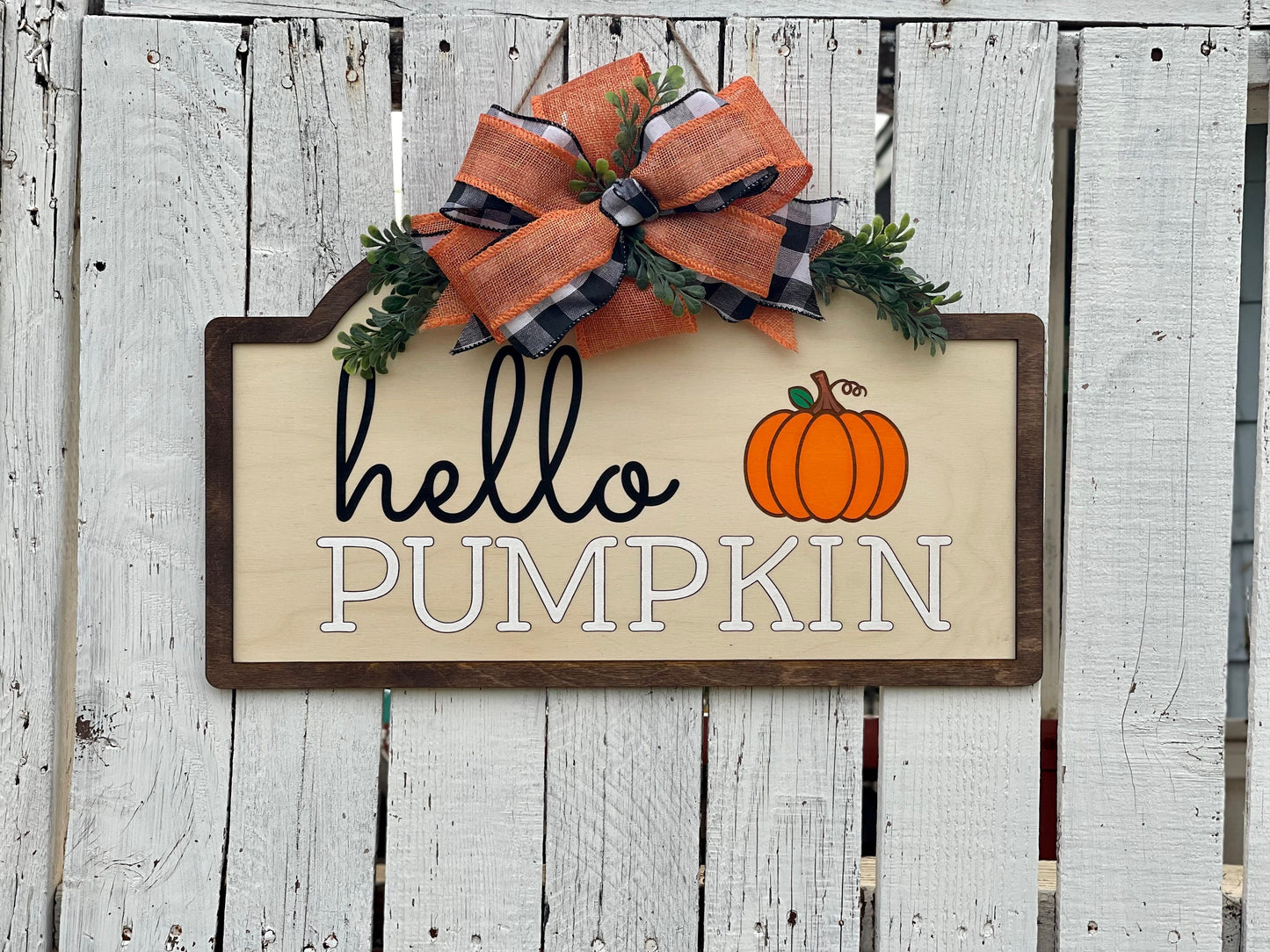 "Hello Pumpkin" Boho Fall Door Hanger with Buffalo Plaid, Greenery, and Burlap Ribbon | Hand-Painted, Laser Engraved Autumn Wreath Sign