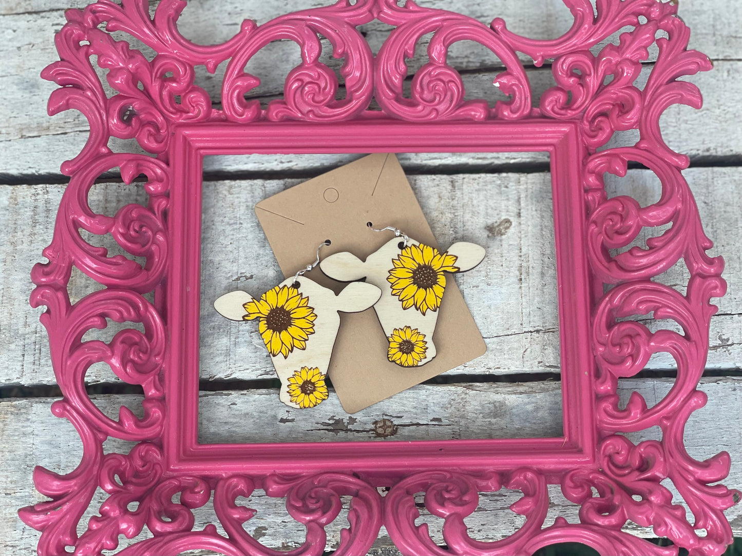 Cute Cow Sunflower Dangle Earrings | Rustic Wood Engraved & Hand-Painted Country Jewelry