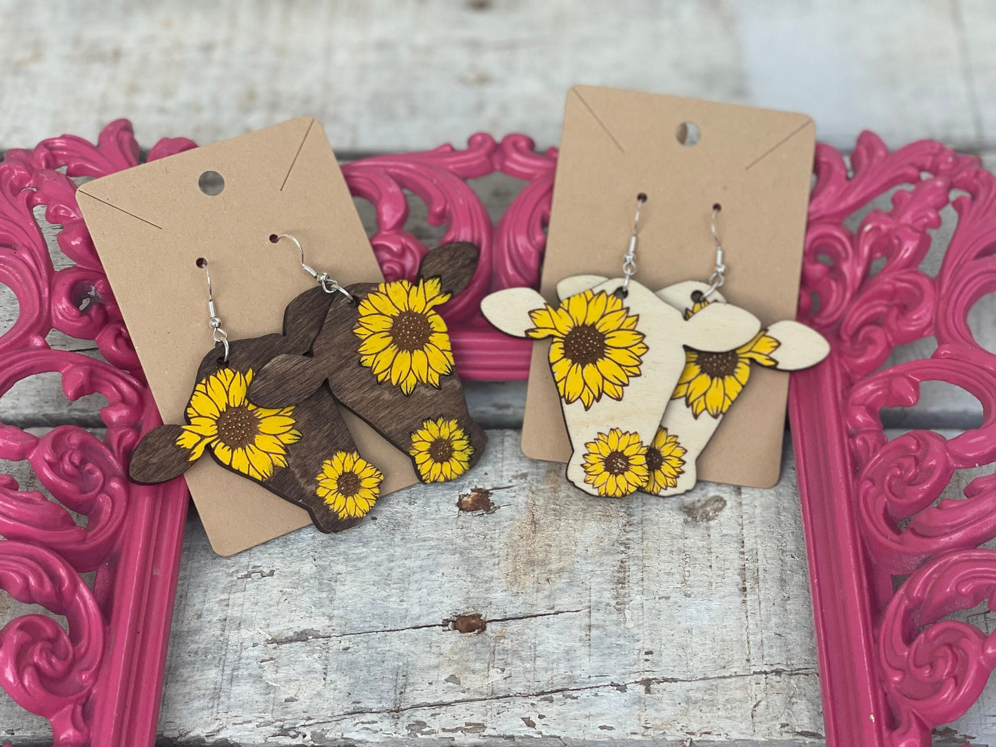 Cute Cow Sunflower Dangle Earrings | Rustic Wood Engraved & Hand-Painted Country Jewelry