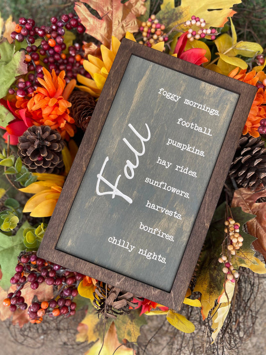 Fall Gray Rustic Wood Engraved Sign | Autumn Decor Featuring Football, Pumpkins, Hay Rides, Sunflowers, Bonfires & Chilly Nights