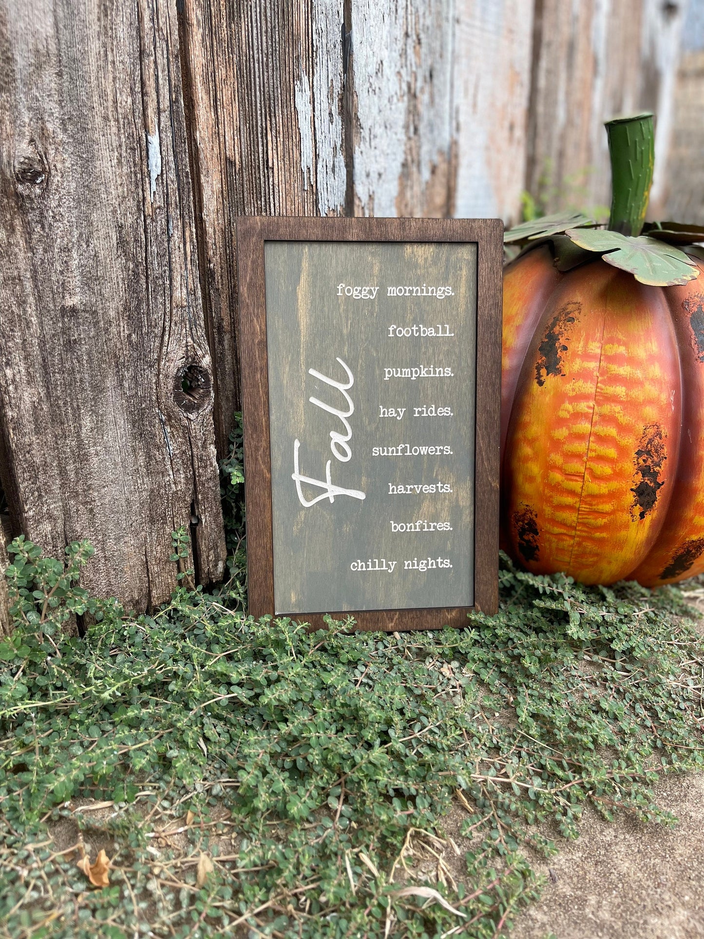 Fall Gray Rustic Wood Engraved Sign | Autumn Decor Featuring Football, Pumpkins, Hay Rides, Sunflowers, Bonfires & Chilly Nights