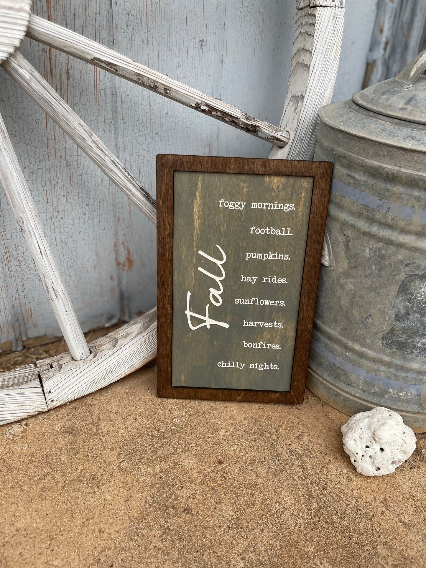 Fall Gray Rustic Wood Engraved Sign | Autumn Decor Featuring Football, Pumpkins, Hay Rides, Sunflowers, Bonfires & Chilly Nights