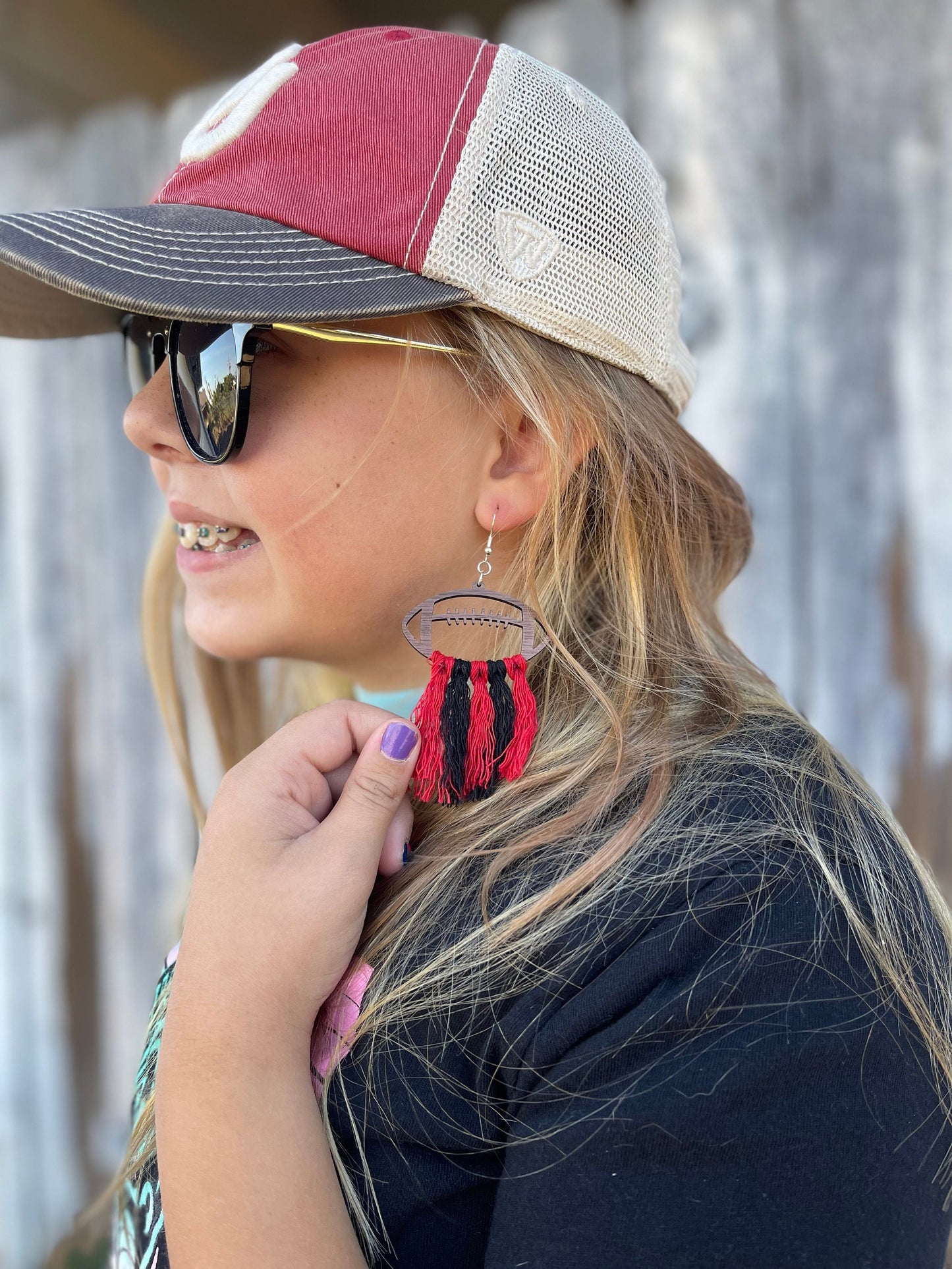 Custom Football Team Color Earrings – Wood Engraved with Macrame Thread | Personalized School Spirit Game Day Jewelry