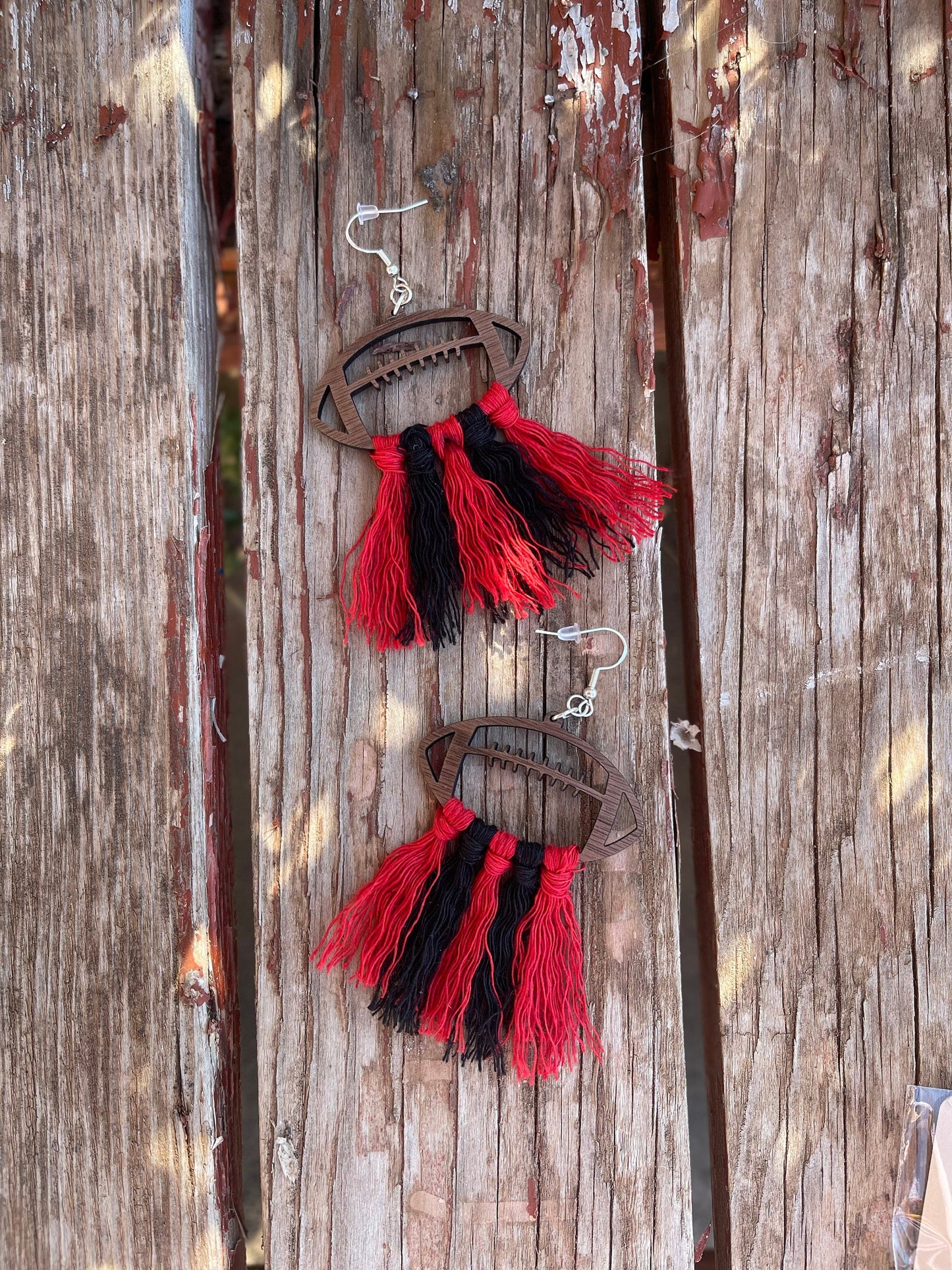 Custom Football Team Color Earrings – Wood Engraved with Macrame Thread | Personalized School Spirit Game Day Jewelry