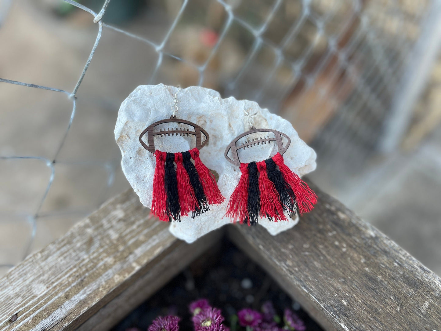 Custom Football Team Color Earrings – Wood Engraved with Macrame Thread | Personalized School Spirit Game Day Jewelry