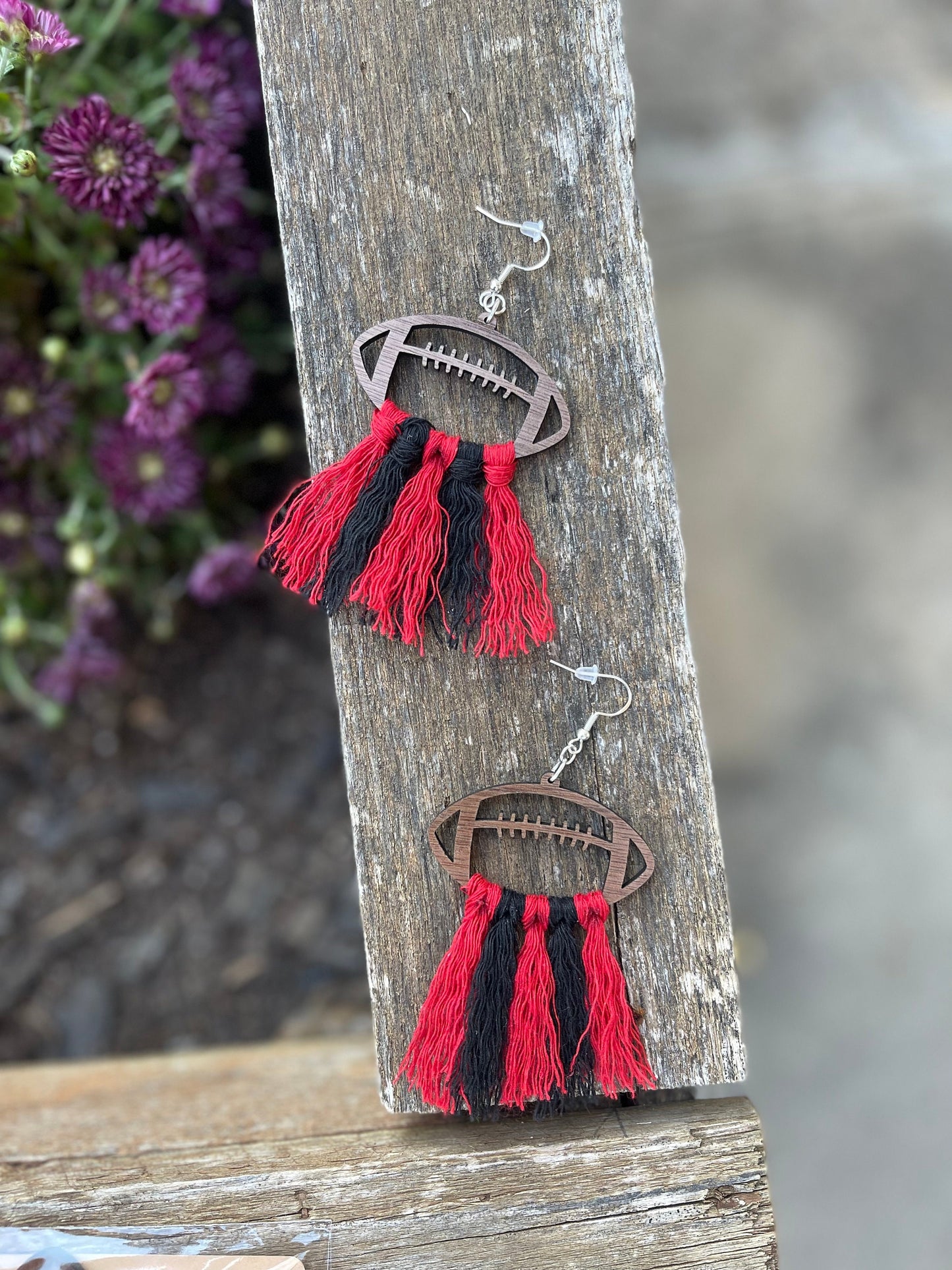 Custom Football Team Color Earrings – Wood Engraved with Macrame Thread | Personalized School Spirit Game Day Jewelry