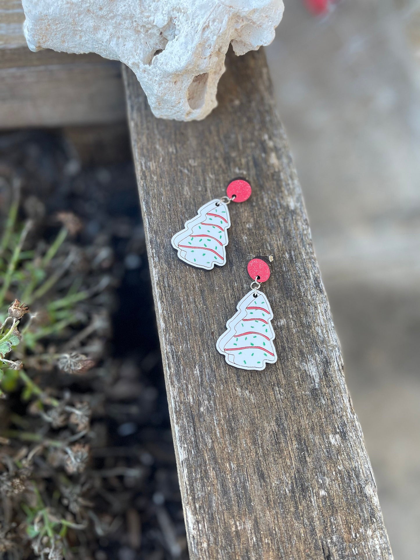 Christmas Tree Snack Cake Wood Dangle Earrings