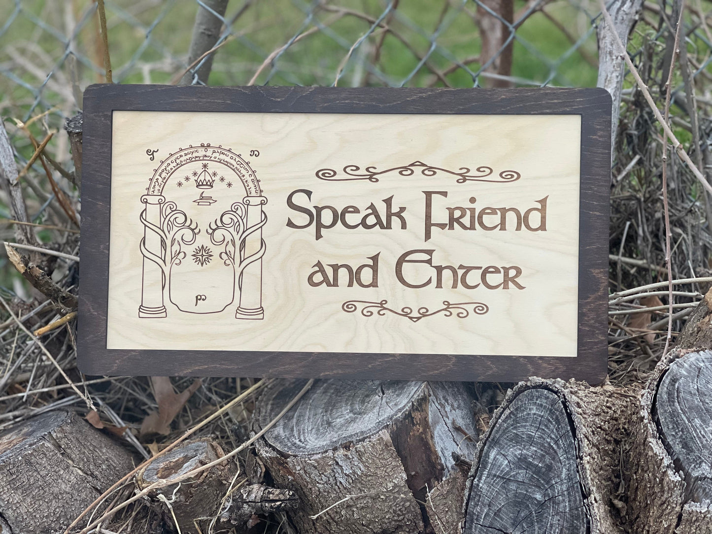 Speak Friend and Enter Door Sign | Elvish Wood Engraved Rectangle with Walnut Frame | Fantasy Ring Decor for Home, Bar, or Office