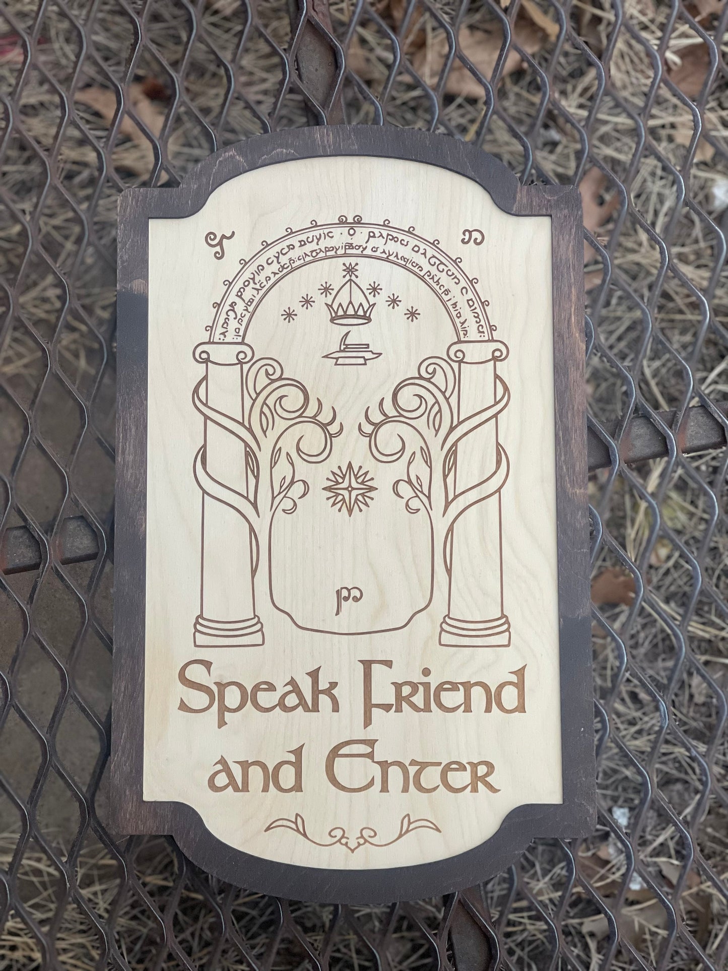 Speak Friend and Enter Wood Engraved Dwarven Door Sign | Elvish Ornate Frame | Fantasy Decor Gift