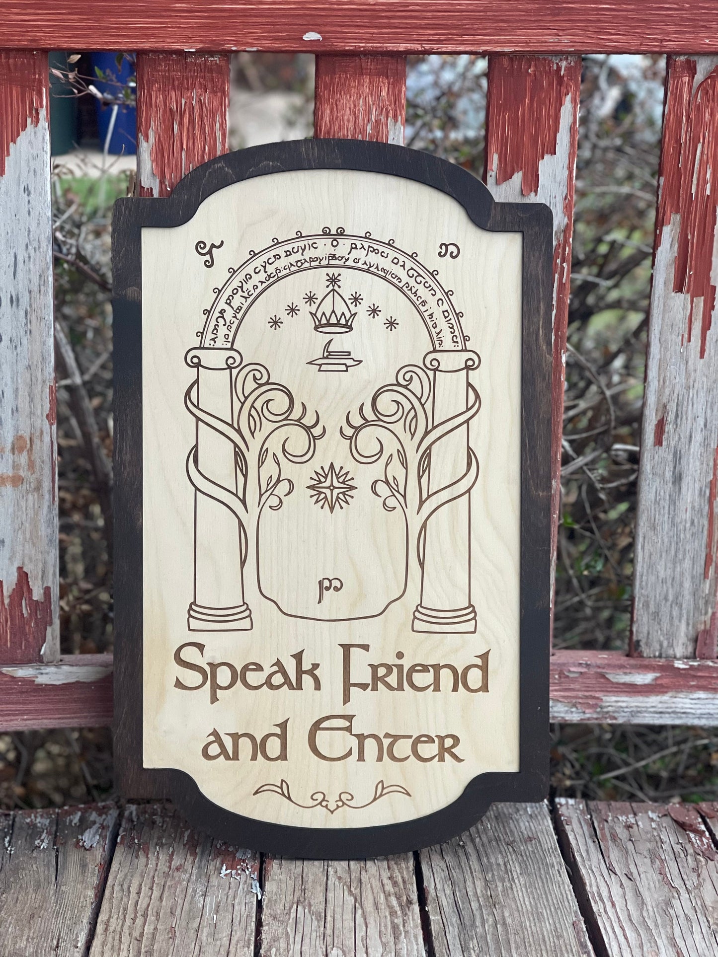 Speak Friend and Enter Wood Engraved Dwarven Door Sign | Elvish Ornate Frame | Fantasy Decor Gift