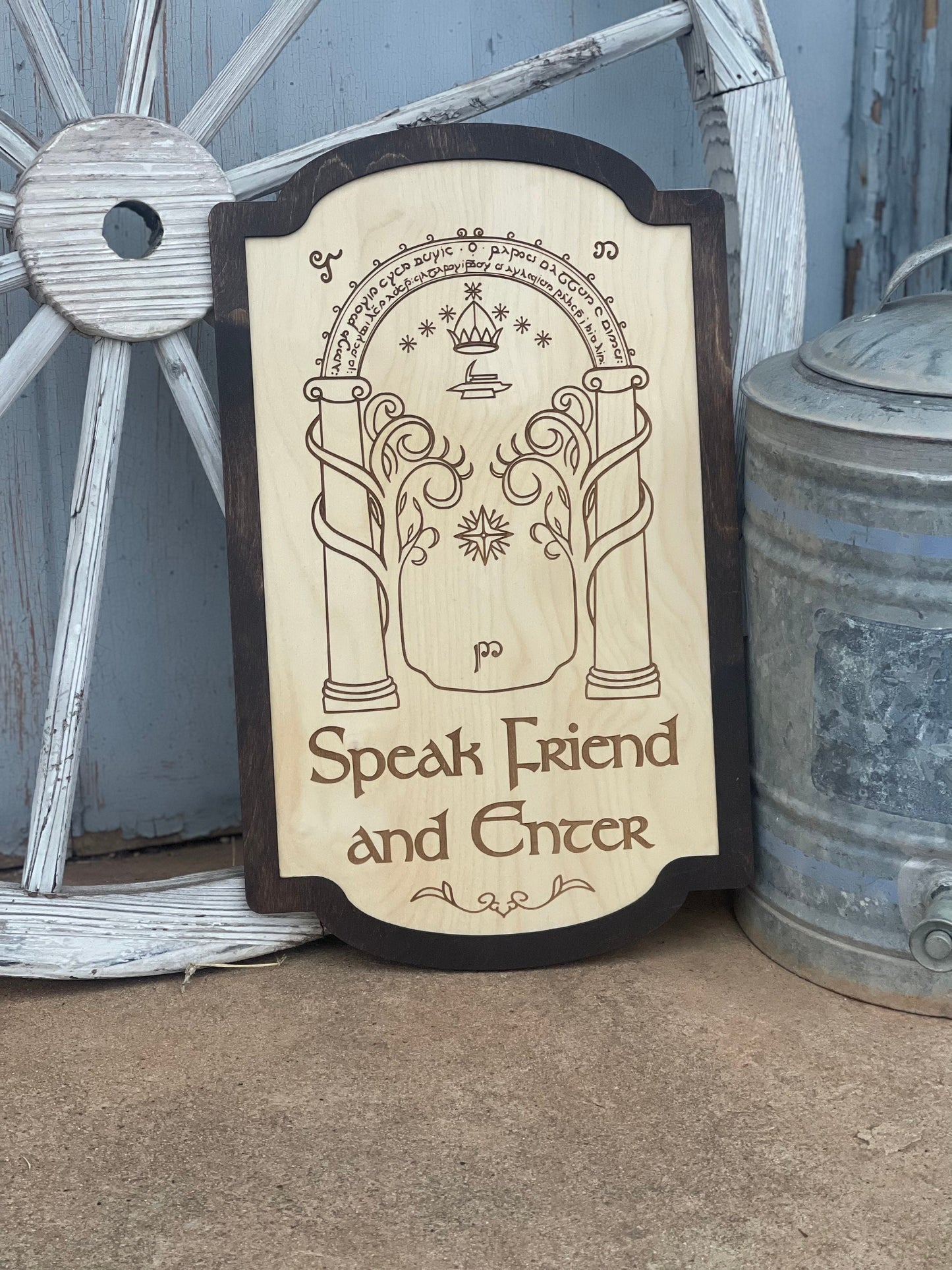 Speak Friend and Enter Wood Engraved Dwarven Door Sign | Elvish Ornate Frame | Fantasy Decor Gift