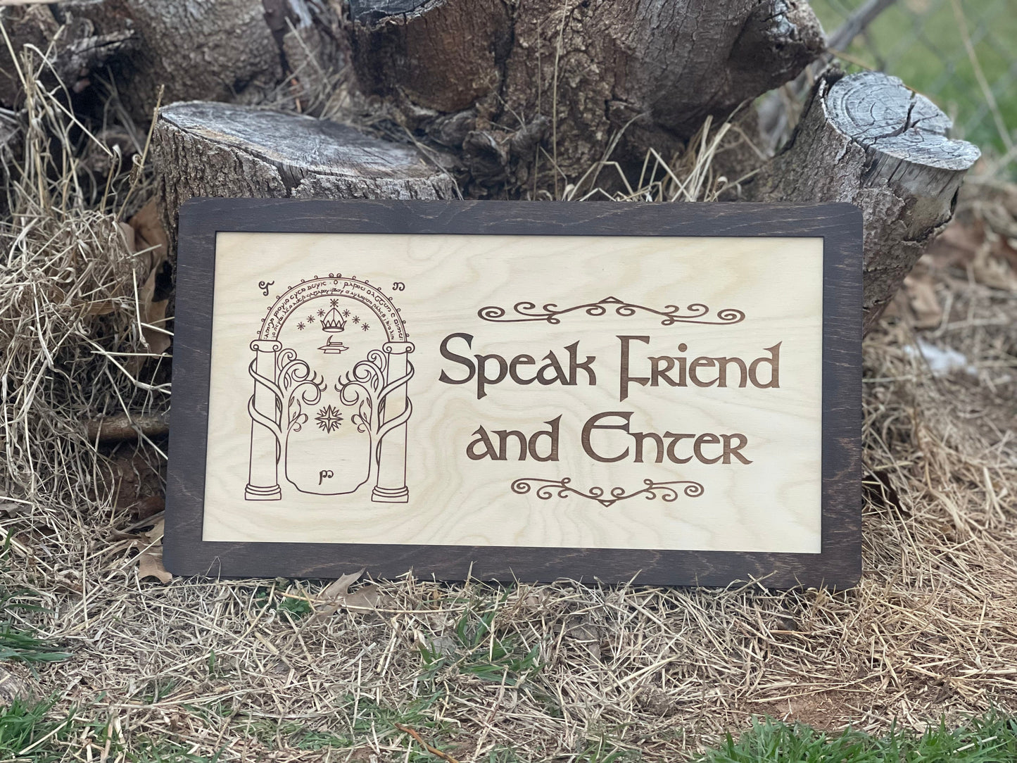 Speak Friend and Enter Door Sign | Elvish Wood Engraved Rectangle with Walnut Frame | Fantasy Ring Decor for Home, Bar, or Office