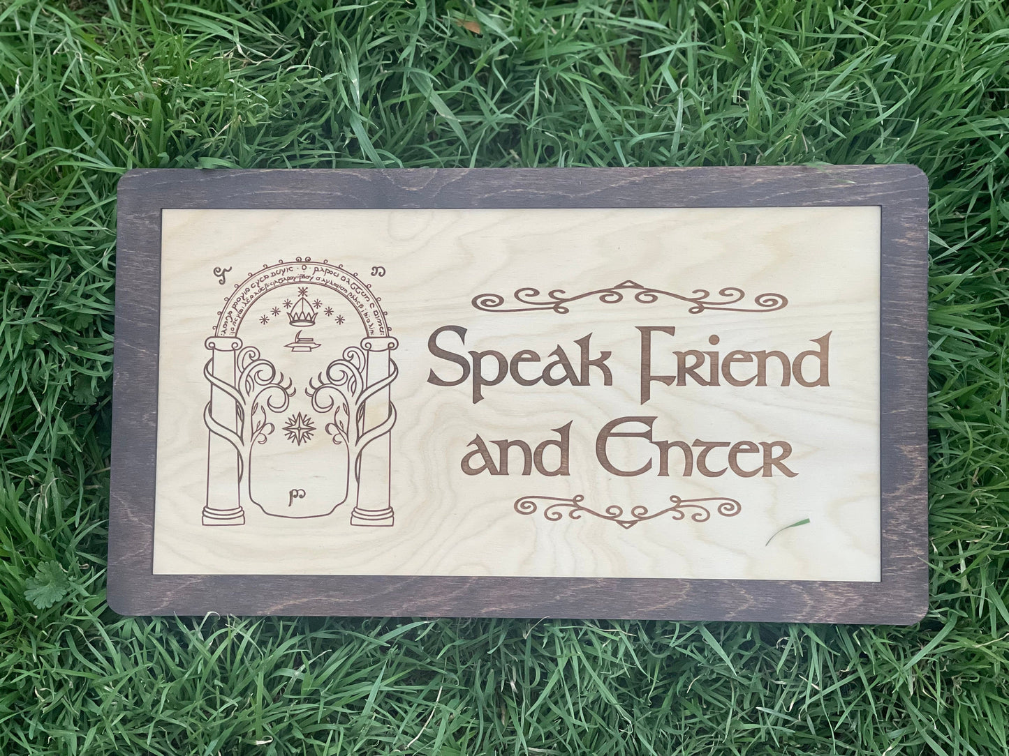 Speak Friend and Enter Door Sign | Elvish Wood Engraved Rectangle with Walnut Frame | Fantasy Ring Decor for Home, Bar, or Office