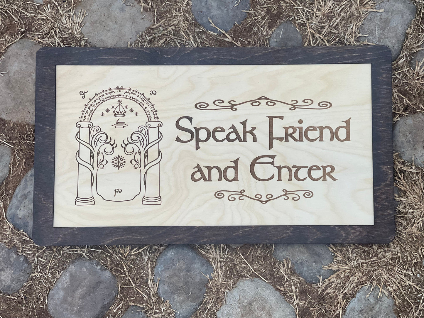 Speak Friend and Enter Door Sign | Elvish Wood Engraved Rectangle with Walnut Frame | Fantasy Ring Decor for Home, Bar, or Office