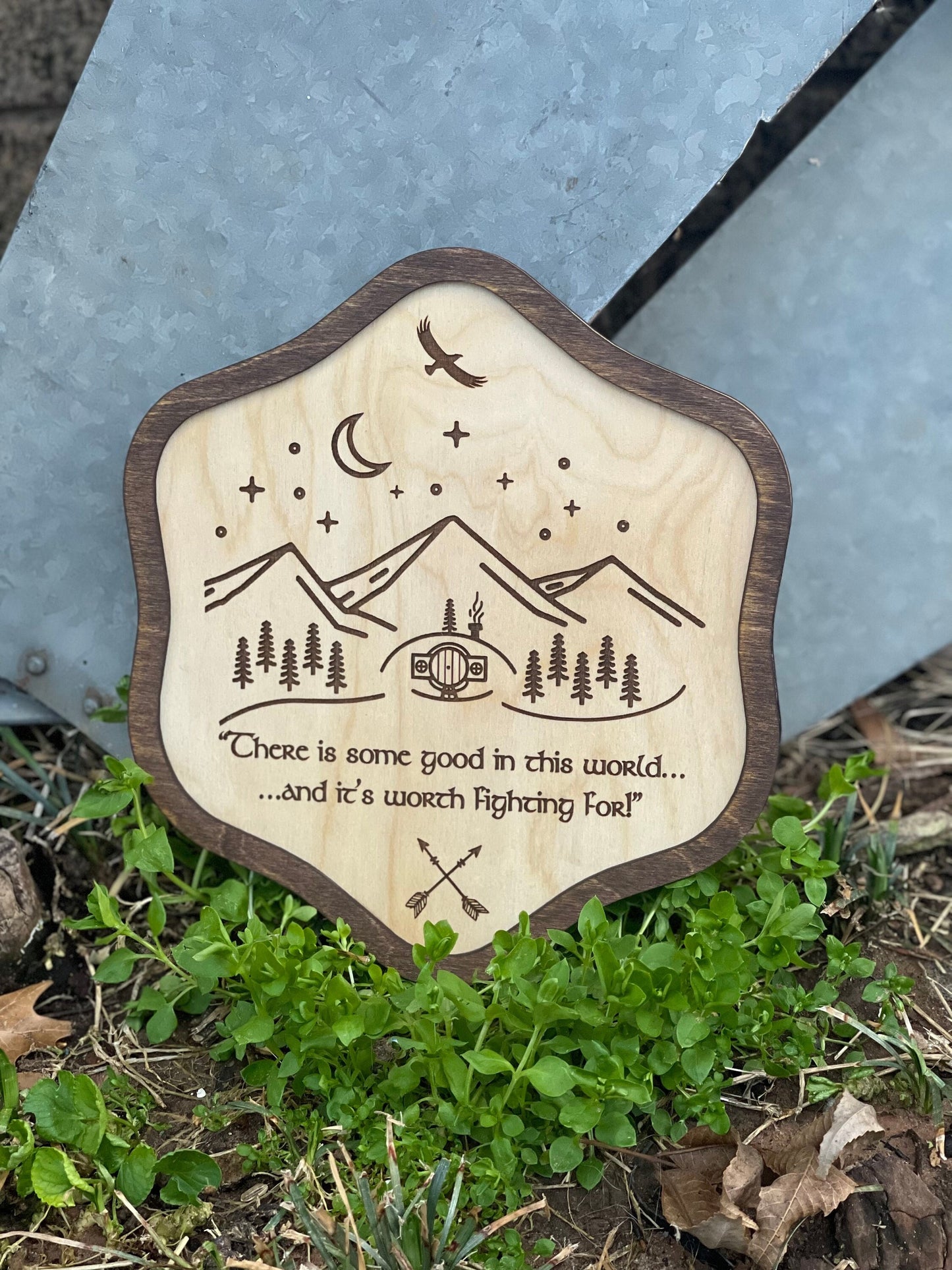 Good In This World Worth Fighting For | Wood Engraved Fantasy Decor with Shire Door, Mountains & Eagle